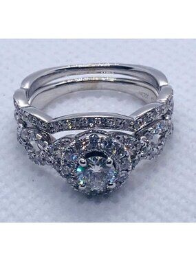 14K White Gold Engagement Set Round Halo Size 6.5